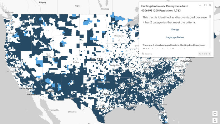 A blue and white map of the United States that outlines underserved places in Birmingham, Alabama