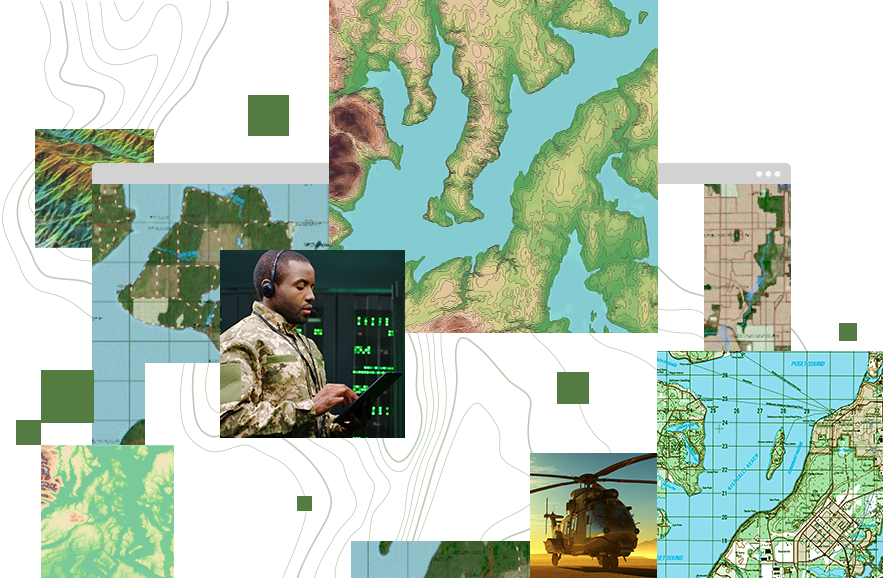 Colagem de imagens, incluindo um helicóptero, mapa topográfico, um mapa com coordenadas e um militar trabalhando em um tablet