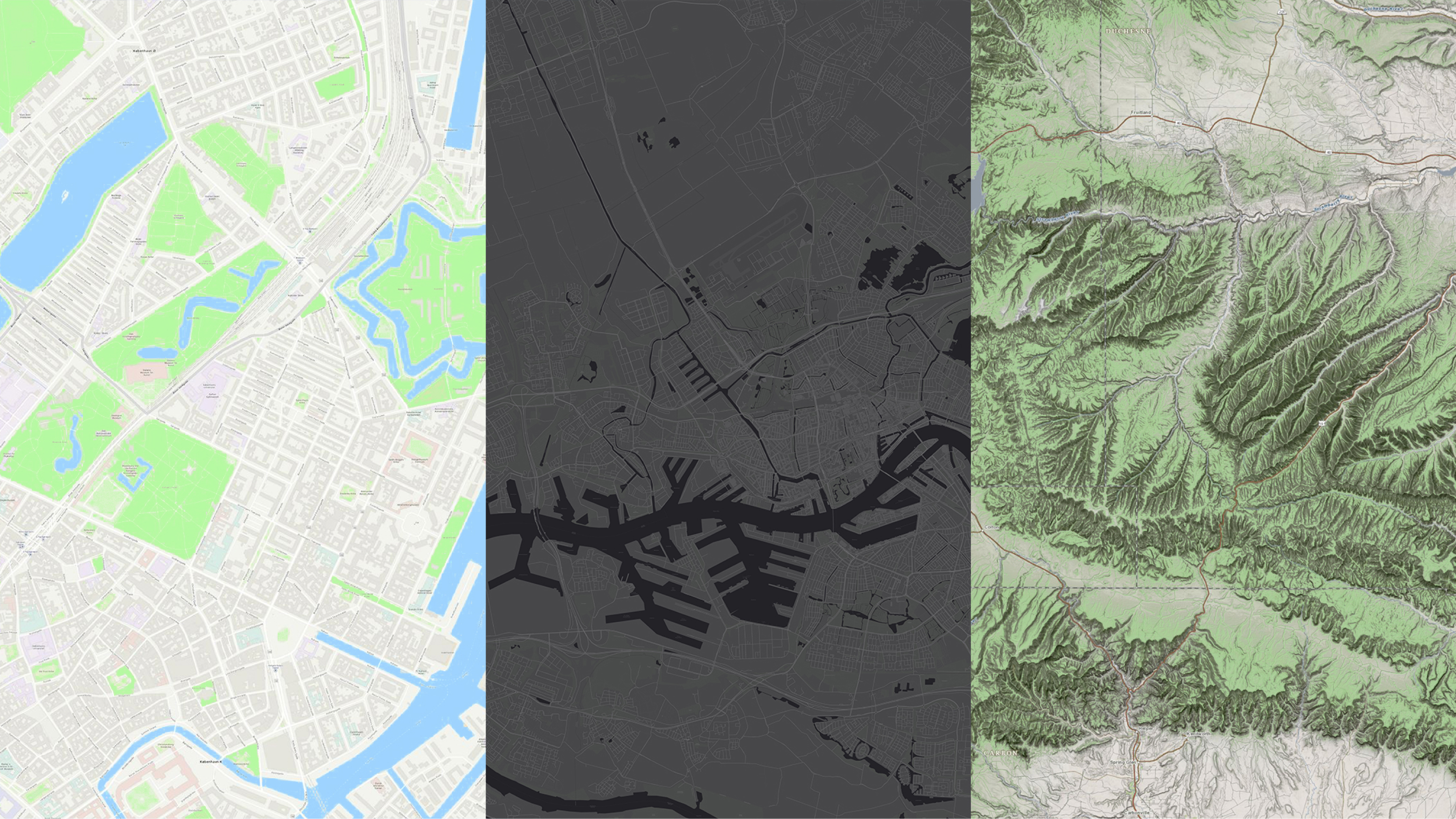 Three basemaps showcasing different terrains