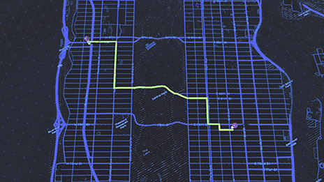 A black map with a bright purple grid and green line illustrating multiple routing options between destinations