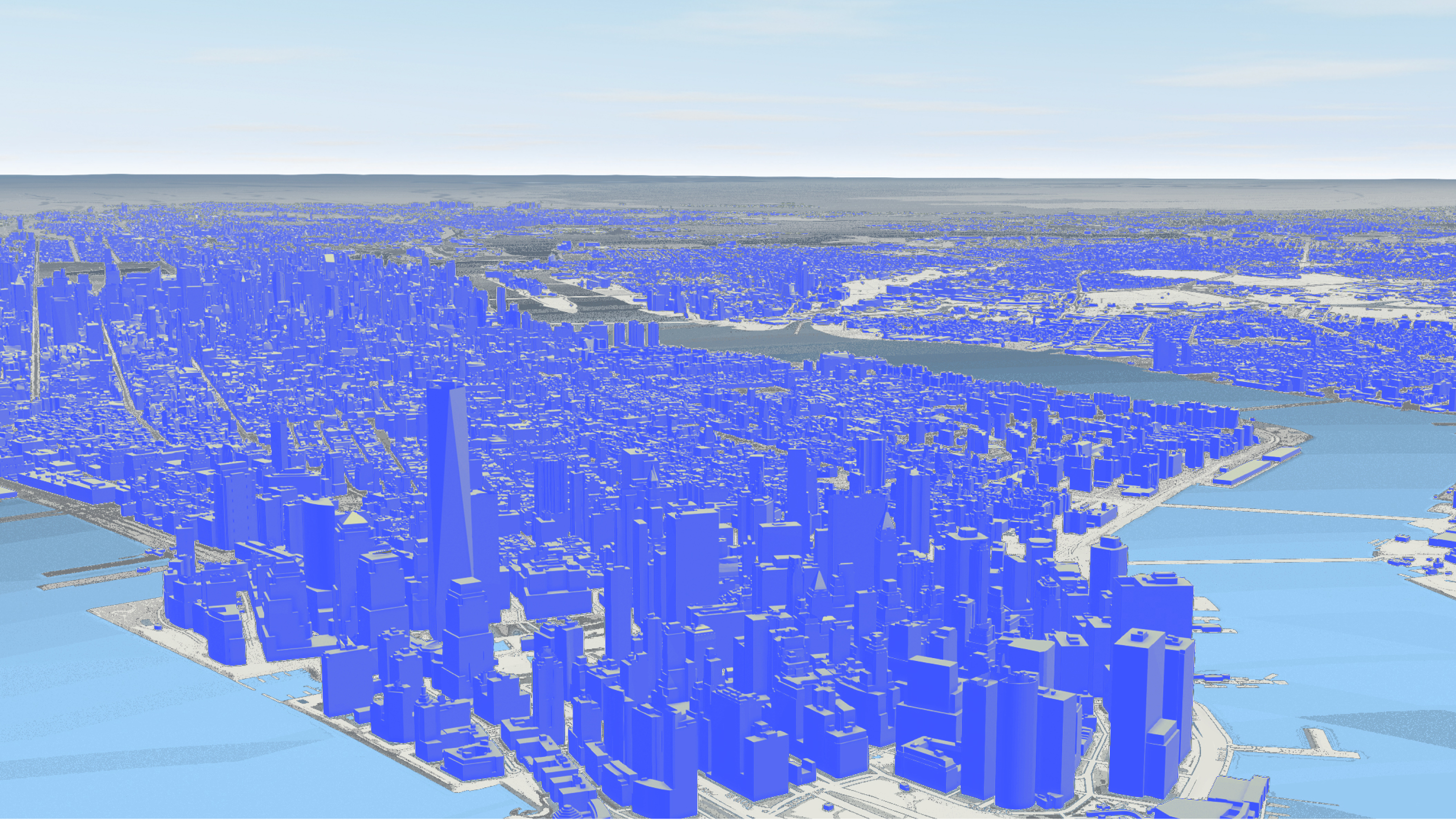 3D visualization of a cityscape with elevated purple buildings on land and the blue ocean nearby