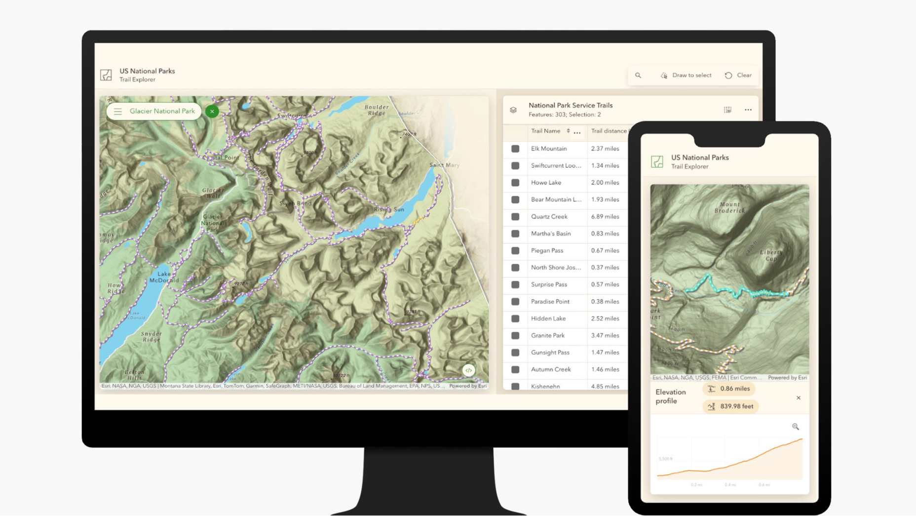 GIS-Kartenerstellungsanwendung auf einem Computerbildschirm sowie ein mobiles Gerät, auf denen jeweils Berge, grünes Land und Flüsse angezeigt werden