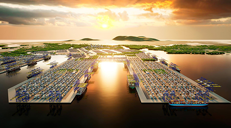 Colorful 3D graphic image of a deep-water port surrounded by small green islands with a golden sunset in the distance