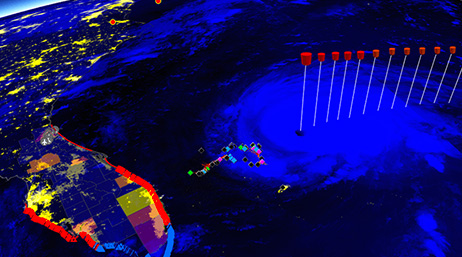 Wizualizacja 3D w aplikacji ArcGIS Earth przedstawiająca serię szpilek danych używanych do śledzenia huraganu Harvey, który zbliża się do wybrzeża Florydy