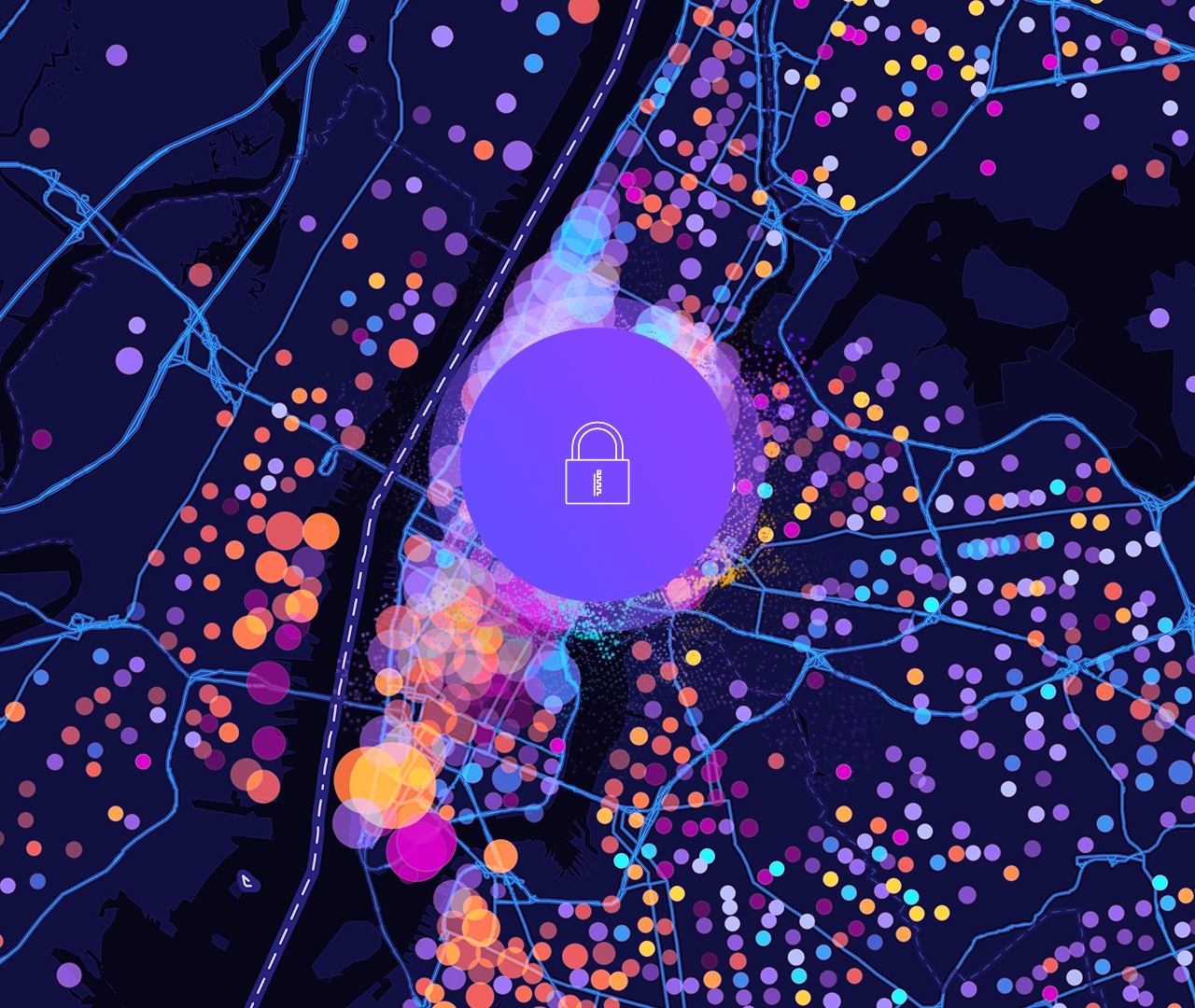 Ikona kłódki i cyfrowa mapa ulic z fioletowymi, żółtymi i różowymi okrągłymi punktami danych