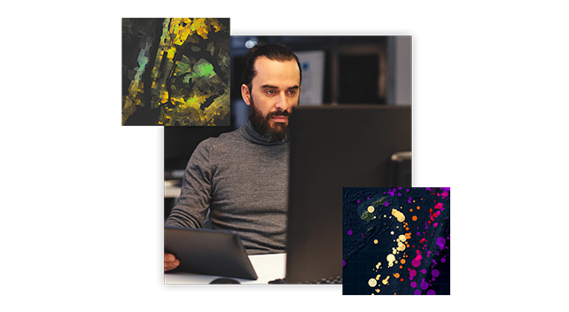 오피스에서 데스크톱 컴퓨터를 사용 중인 사람과 태블릿이 다채로운 색상의 두 맵과 중첩된 이미지 