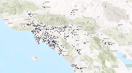 A map of Southern California showing the locations of earthquakes marked with small dots overlaid with a play button