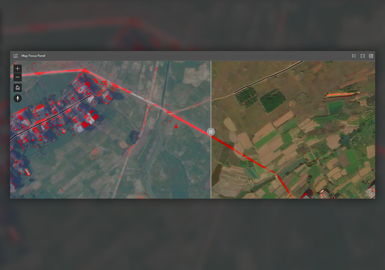 ArcGIS Excalibur での変化の検出を赤色のラインが横断する茶色の陸地と緑色の陸地に並べた 2 つの航空画像