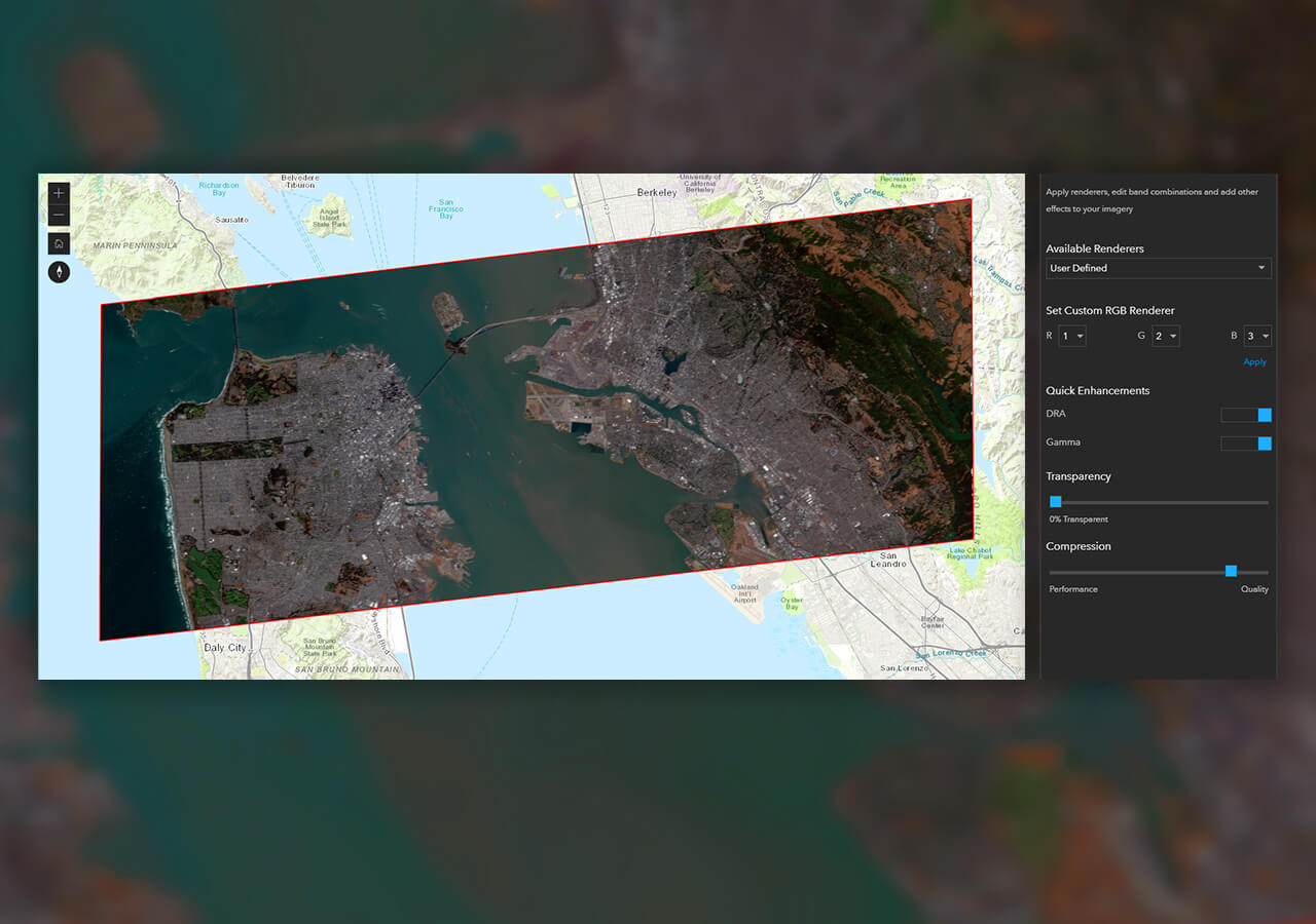 Imagen aérea de tierra y agua junto a un cuadro con texto blanco que presenta la configuración de visualización en ArcGIS Excalibur 