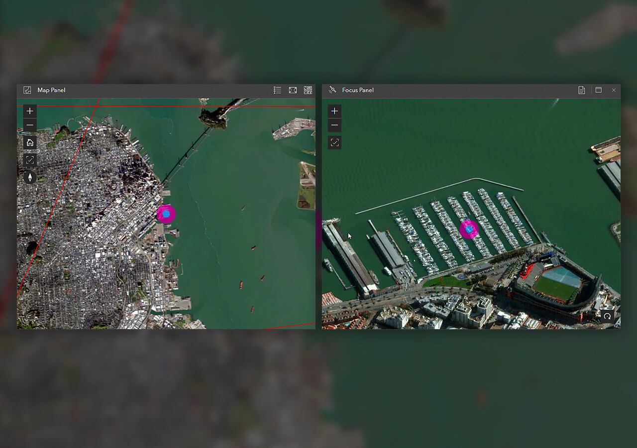 Two images side-by-side of a San Francisco port with a blue dot on each opened in ArcGIS Excalibur 