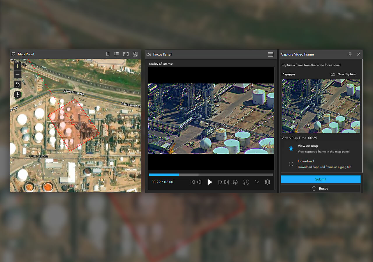 Three images side-by-side of an industrial facility opened in ArcGIS Excalibur