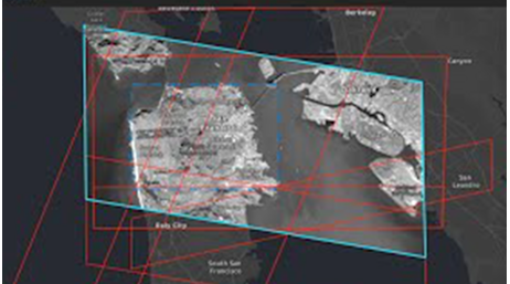 The view from a satellite of a coastal region overlaid with a parallelogram and many other red lines overlaid with a play button