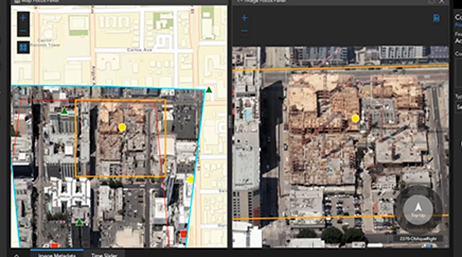 Uma janela de programa de computador exibindo dois tipos de imagens e um mapa sobreposto a um botão de reprodução