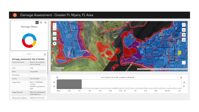 パイチャートと黒のテキストの横にある色分けされたサニベル市の損害評価ダッシュボードを表しているデジタル マップ 