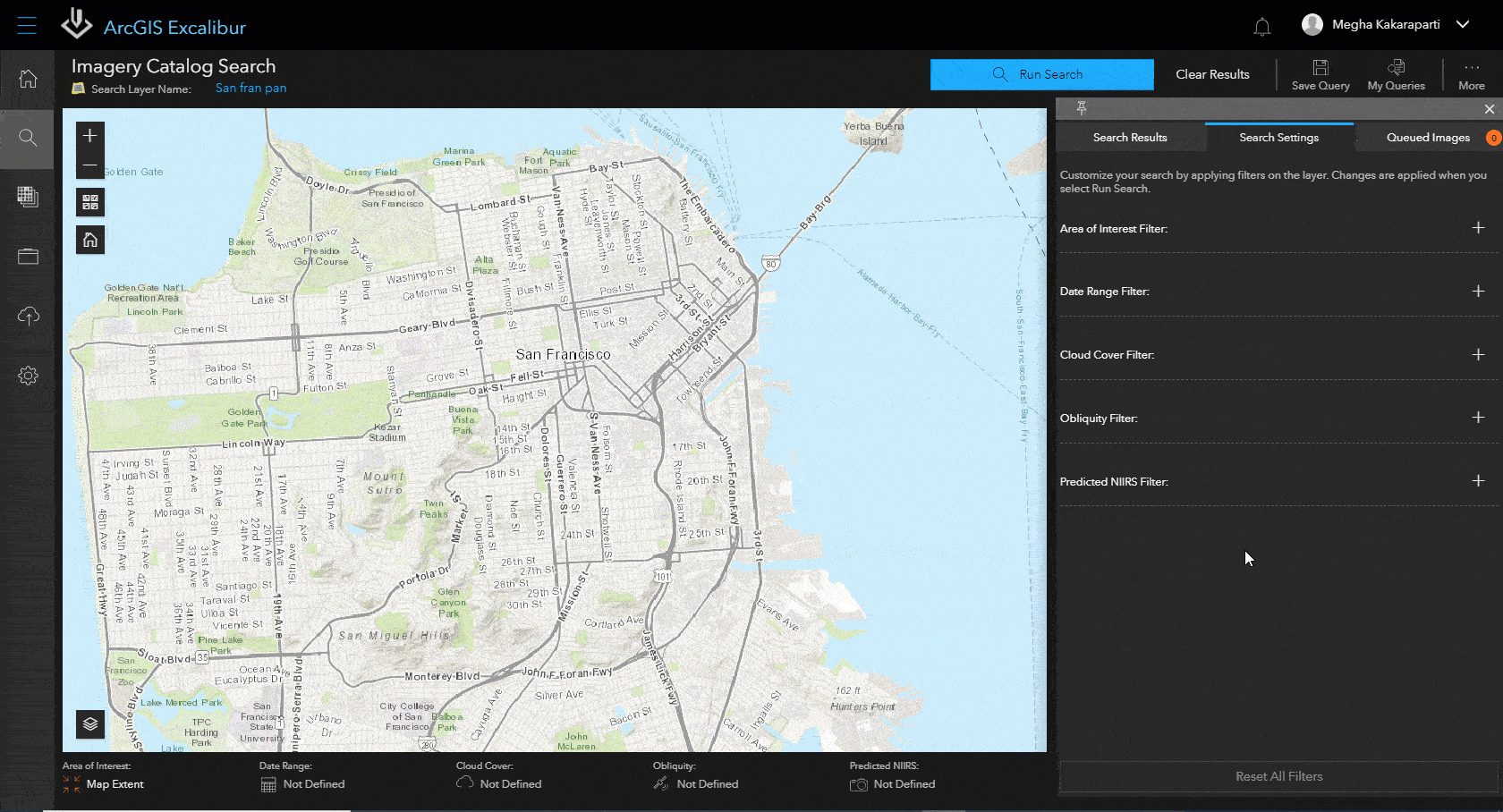 A digital map of San Francisco with red lines in a square representing an available imagery search in ArcGIS Excalibur 