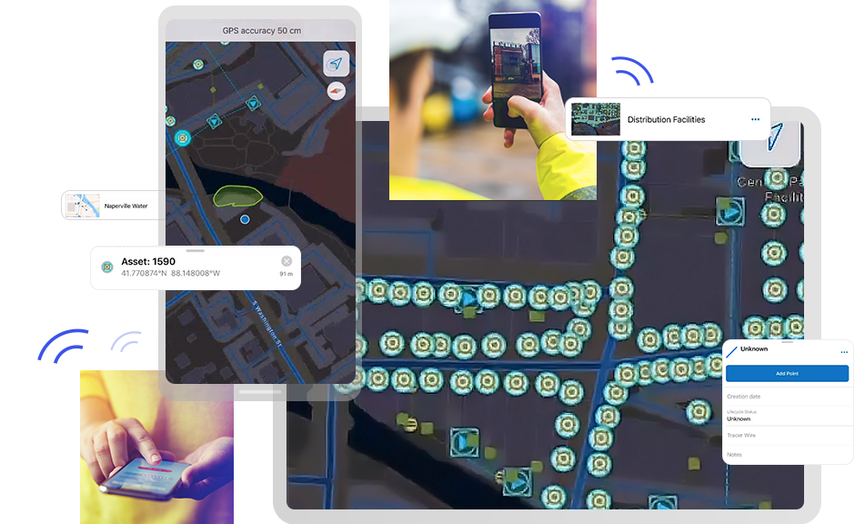 ArcGIS Field Maps를 위한 현장 자산을 수집하는 태블릿과 휴대전화의 모음
