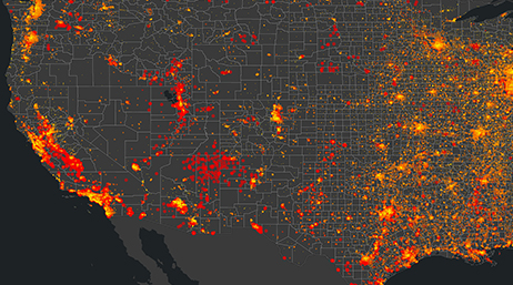 A map of the United States covered in yellow and red bursts of data points