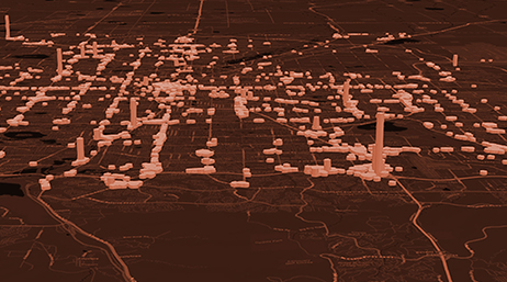 A map of a sprawling area covered in many 3D models of buildings