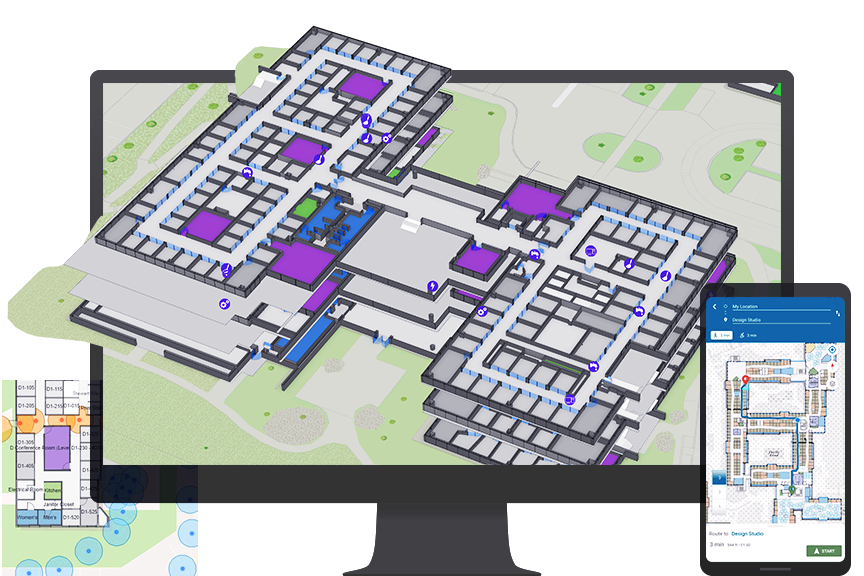 デスクトップの画面に、オフィス ビルの 3D 屋内マップが表示され、その横のスマート フォン画面にオフィス ビルの 2D 屋内マップが表示されている。