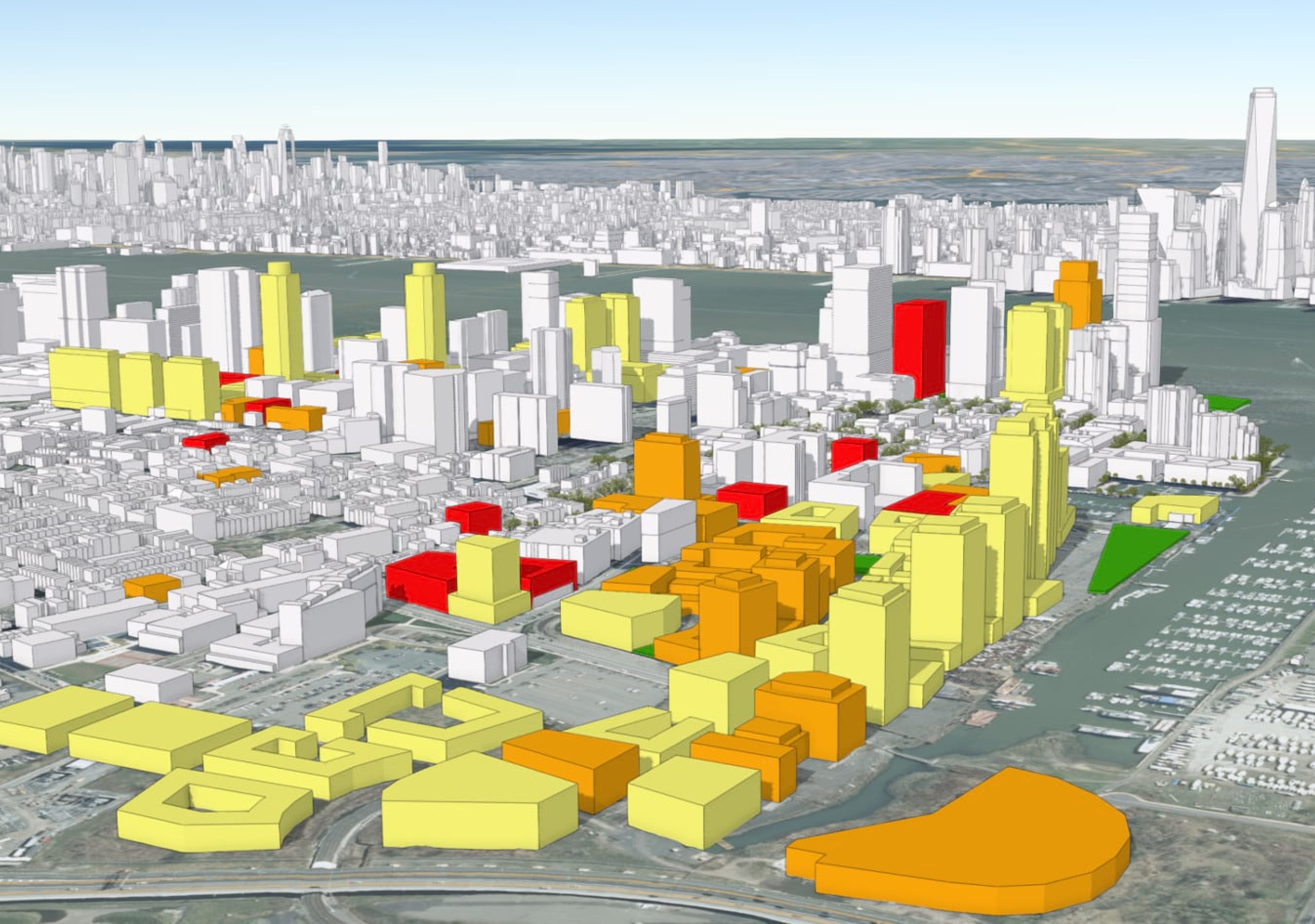 Cyfrowy model pokazujący budynki w części New Jersey i Manhattanu w Nowym Jorku w 3D