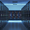  IT server room in shades of blue overlaid with a web of interconnected dots