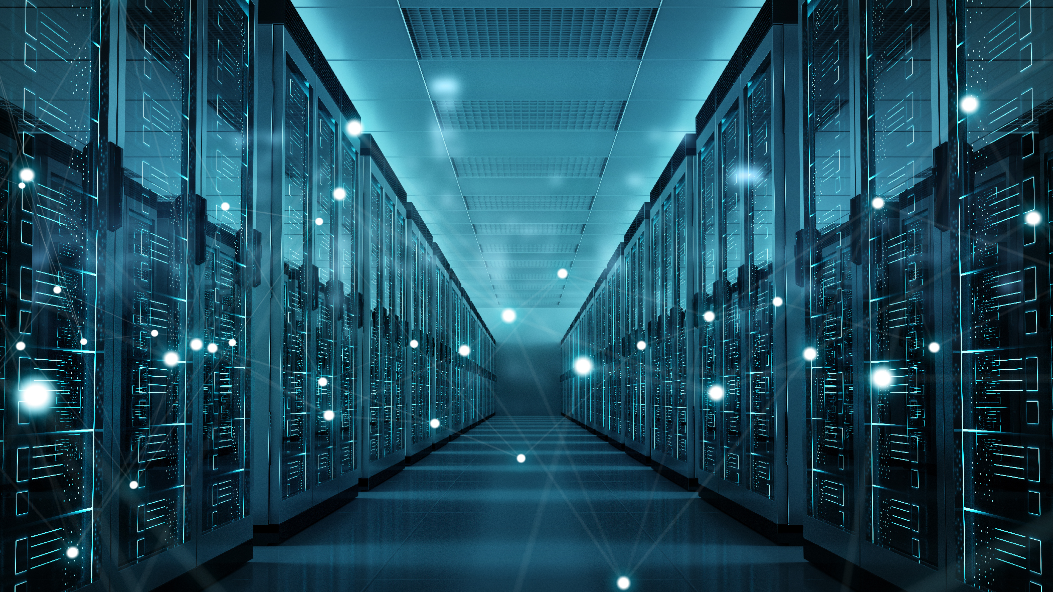  غرفة خادم تكنولوجيا المعلومات بظلال من اللون الأزرق ومتداخلة مع شبكة من النقاط المترابطة