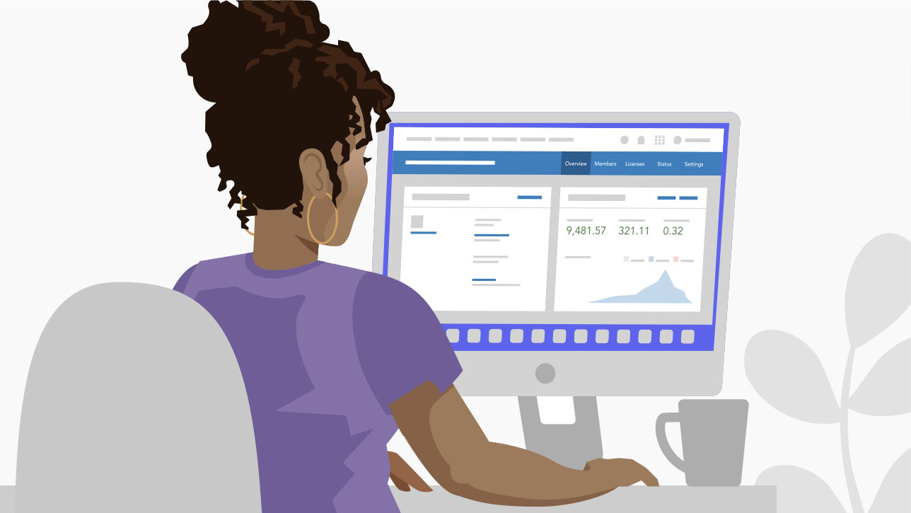 Zrzut ekranu przedstawiający kobietę przy komputerze monitorującą wykorzystanie kredytów przez instytucję