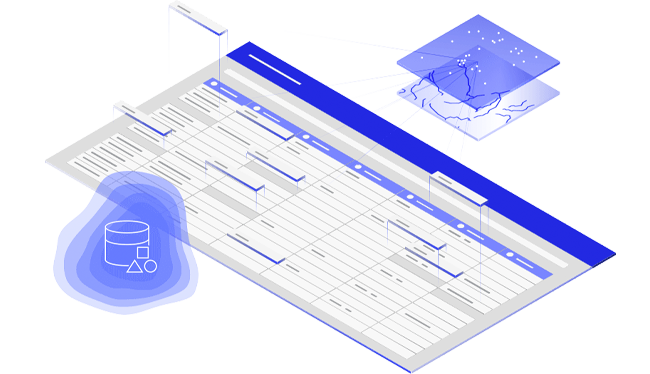 Un design blu e bianco di un foglio di calcolo con icone di mappe e forme ad esso collegate