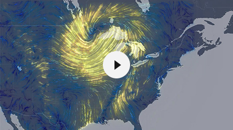 Una mappa degli Stati Uniti in blu e viola sovrapposta da un motivo giallo vorticoso