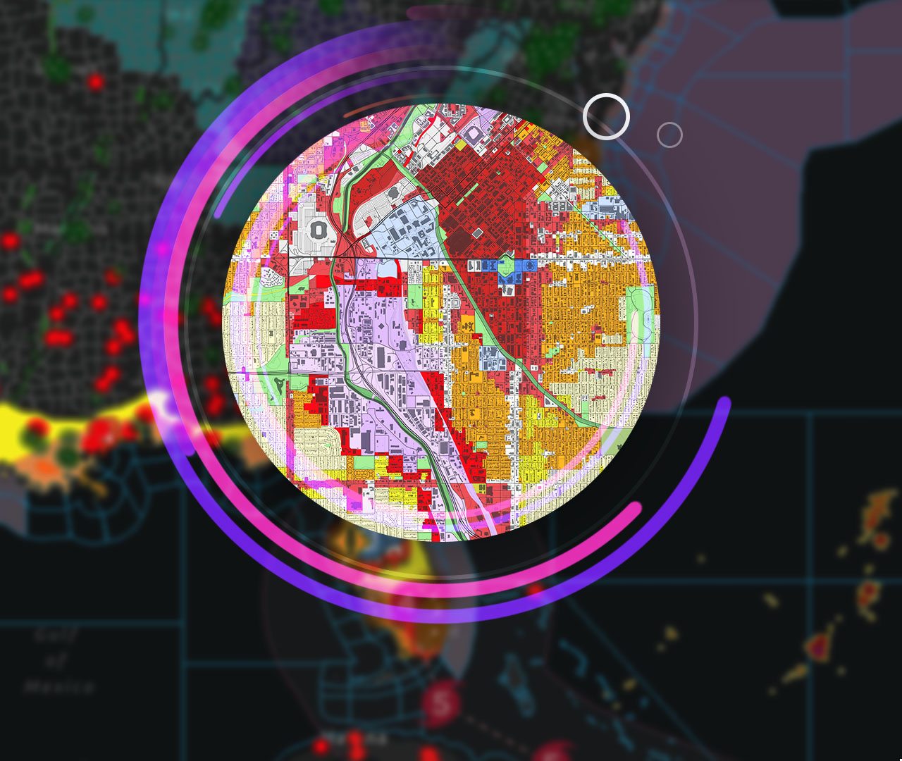 صورة لجهاز كمبيوتر يعرض خريطة بيانات مكانية، محاطة بصور لمباني المدينة الشاهقة