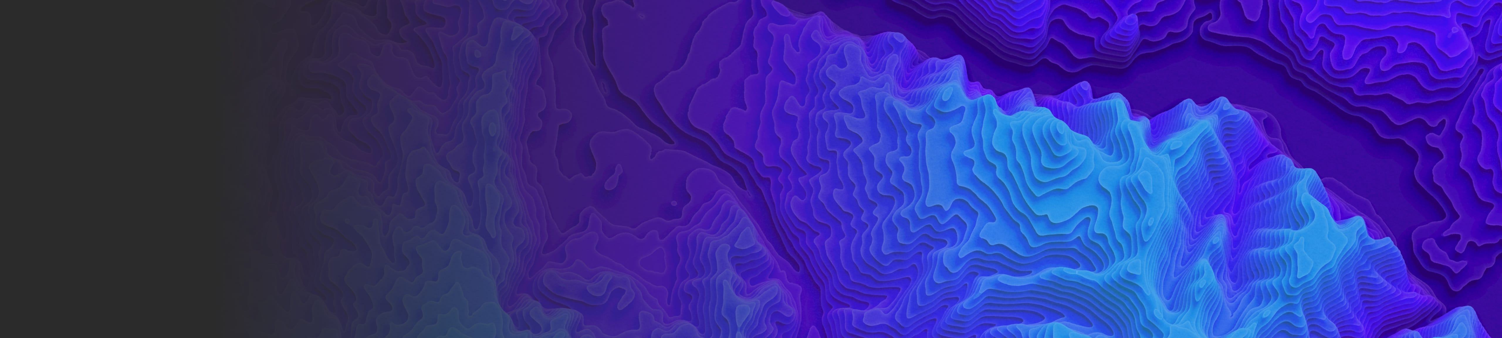 A 3D elevation map of a mountainous area in vivid blue and purple