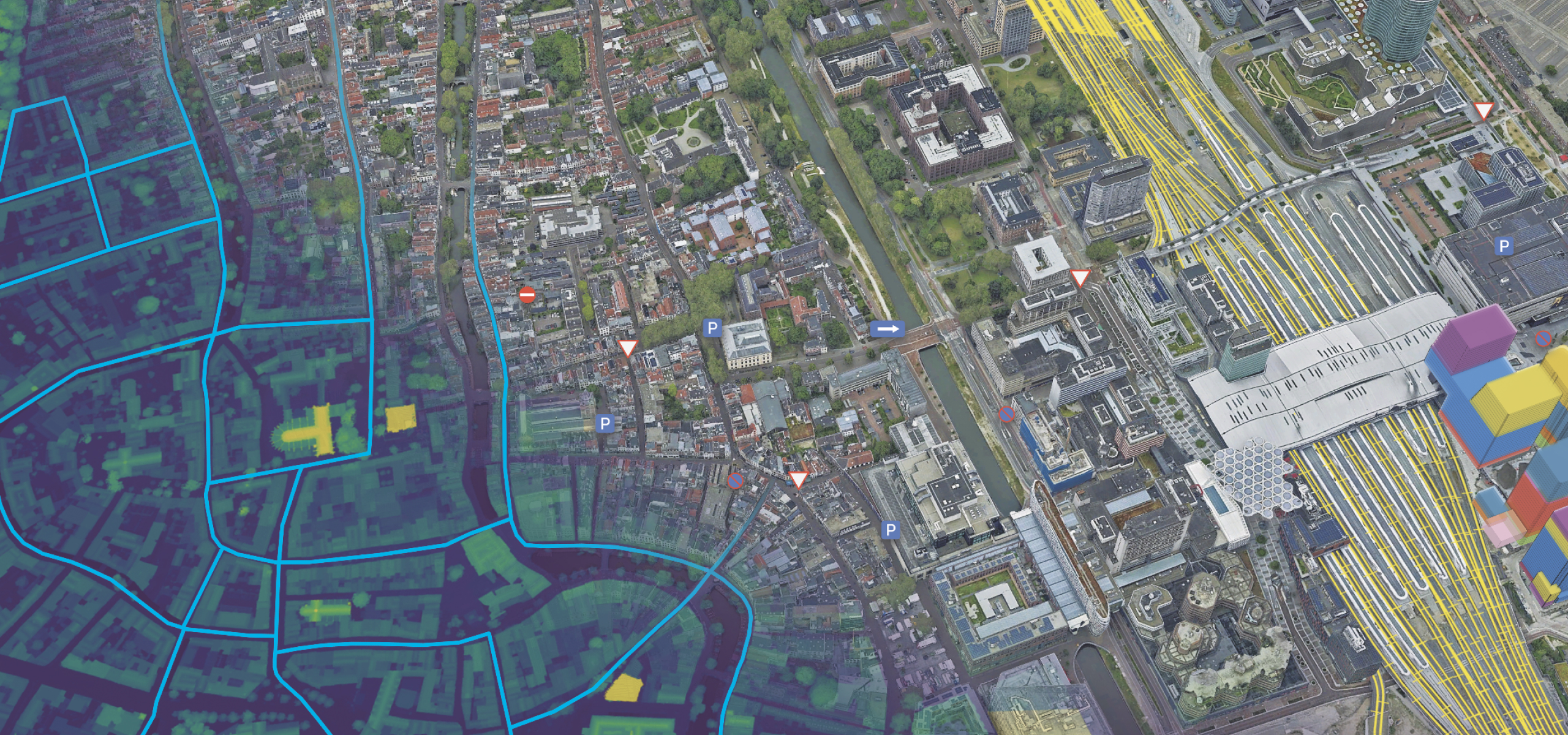 城市的 3D 网格，其中显示了建筑物、道路和绿地，并叠加了地下数据和街道数据图层 