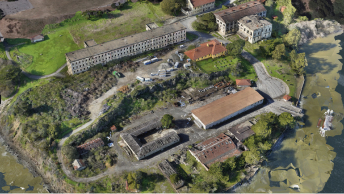 3D textured mesh of old buildings and green vegetation on Angel Island