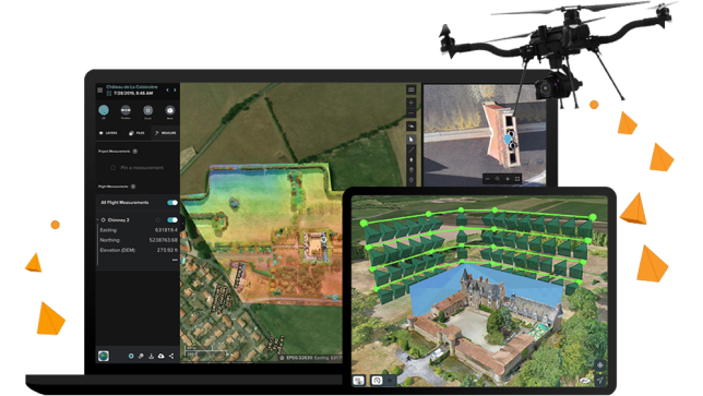 笔记本电脑上正在分析城堡无人机影像，iPad 上显示了无人机在城堡周围的飞行模式