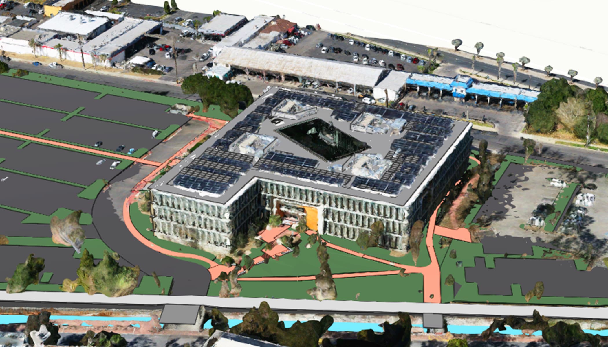 Detailed 3D rendering of a large office complex