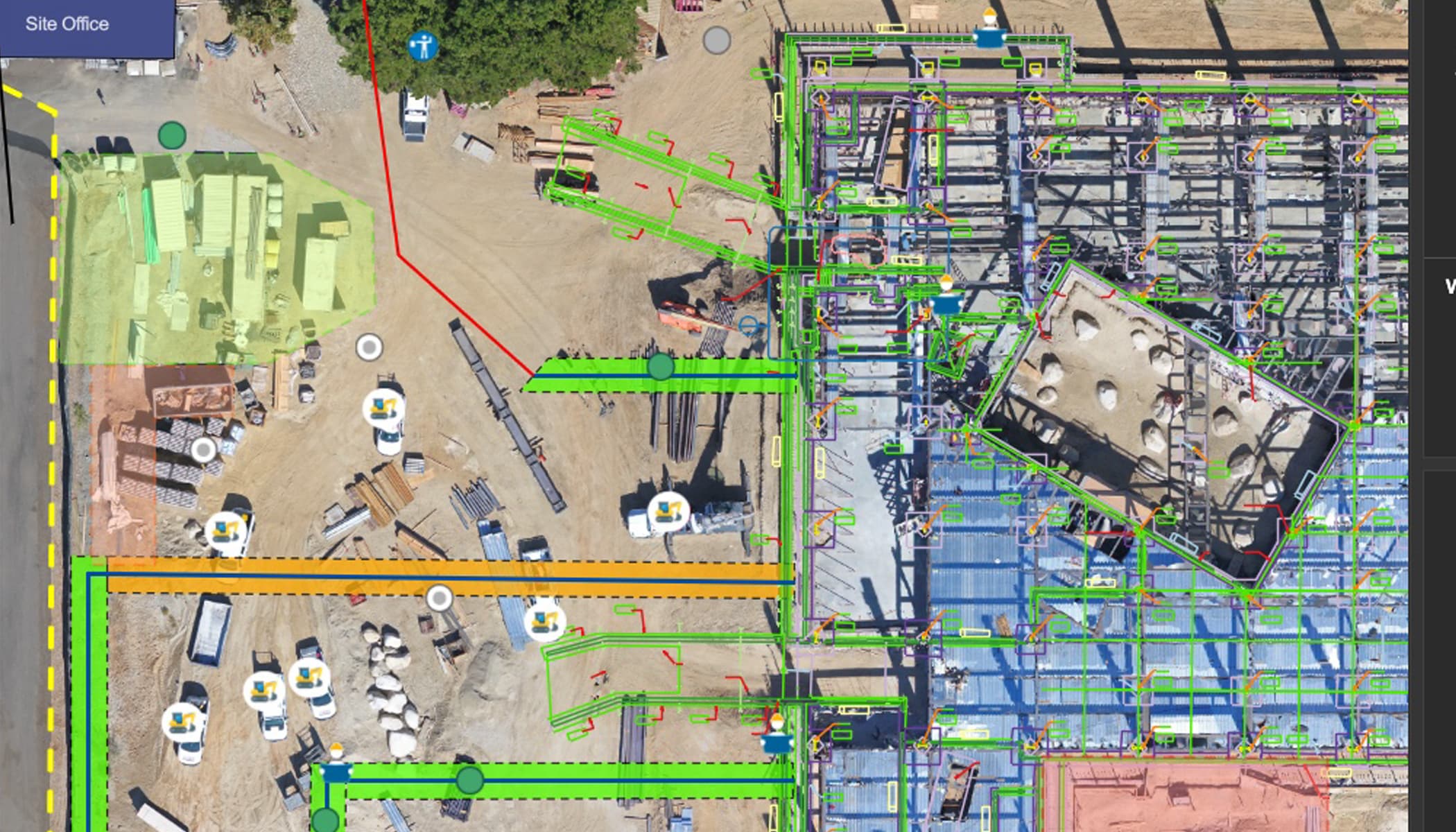 Aerial view of a construction site with annotations, demonstrating how ArcGIS is utilized for monitoring