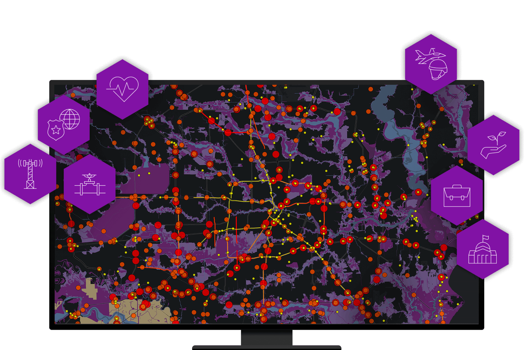 Un monitor de ordenador que muestra un mapa morado y negro con muchos puntos rojos dispersos