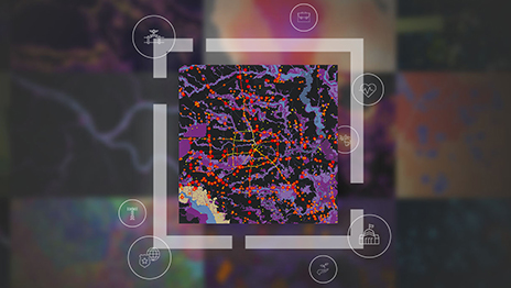 Um gráfico com um mapa de rua roxo e preto dentro de uma borda branca quadrada contra um fundo desfocado de vários mapas lado a lado