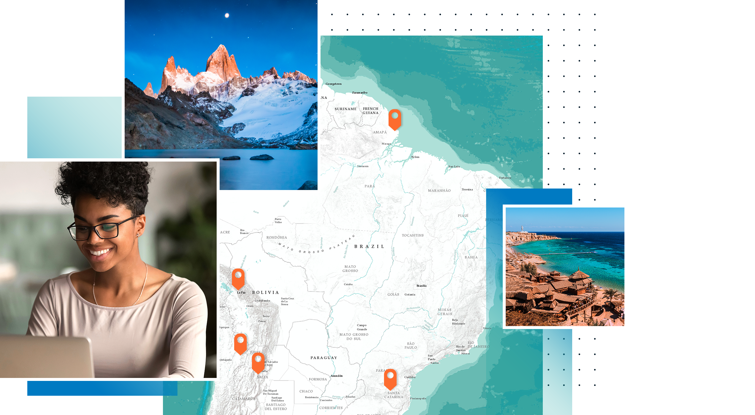 一系列图像，其中包括正在使用笔记本电脑打字的女士，显示了五个橙色地标和山脉的南美洲地图
