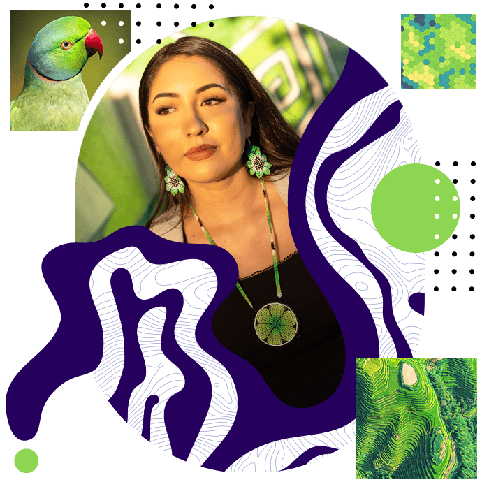 Montage of a green parrot head, green map polygons, green wavy lines, and a dark-haired woman wearing green flower jewelry