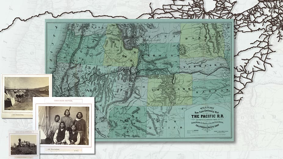 Old map overlaid with two sepia-toned photographs