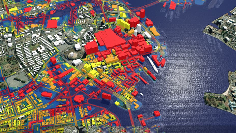 3D layout of a city on the water as viewed from above