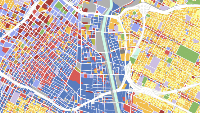 : Um mapa de zoneamento codificado por cores com quadrados em amarelo, azul e vermelho