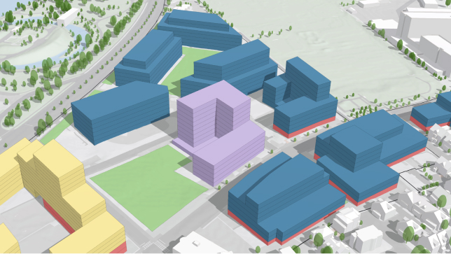 A 3D scenario with 3D buildings in blue and purple representing building massings based on zoning regulations