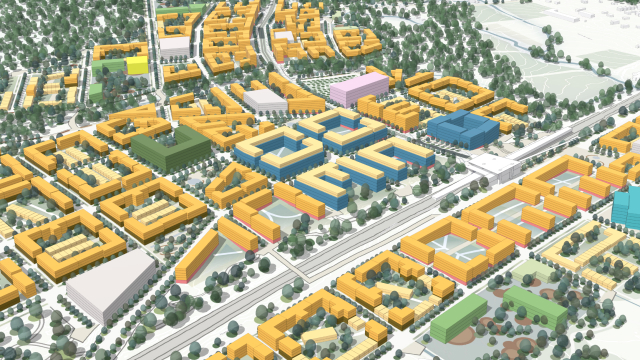 Cyfrowa mapa miasta wyświetlająca budynki, drogi i zielone drzewa 3D