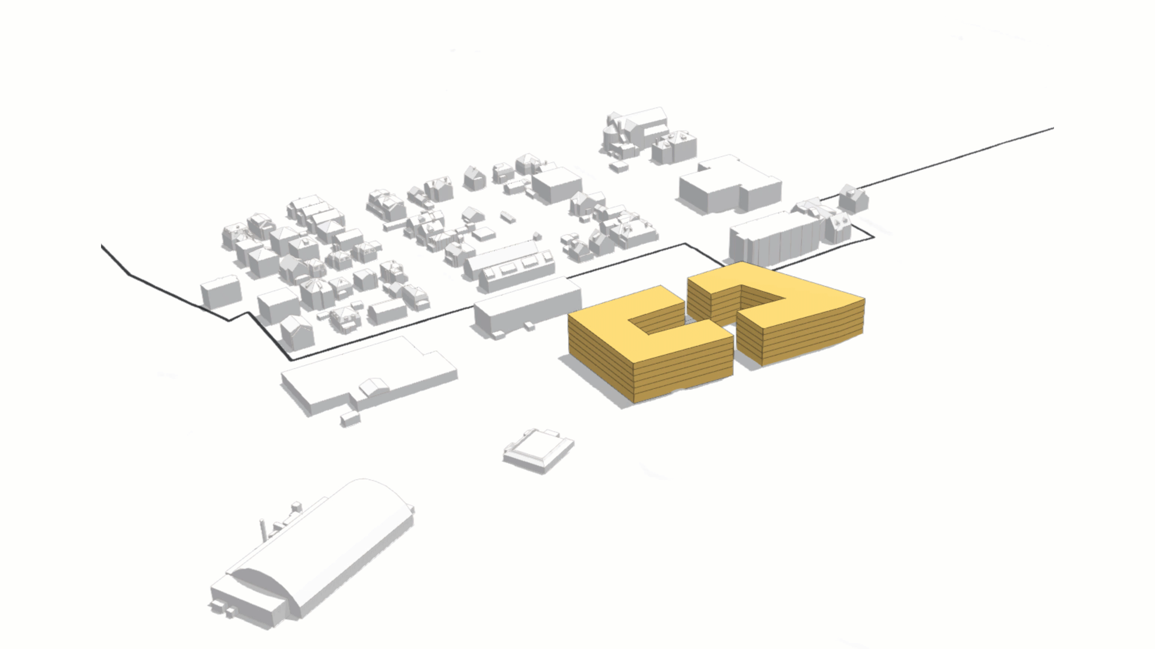 صورة بتنسيق GIF تعرض مباني برتقالية بيضاء وشاحبة تمثل نهجًا تدريجيًا لتطوير مبنى جديد