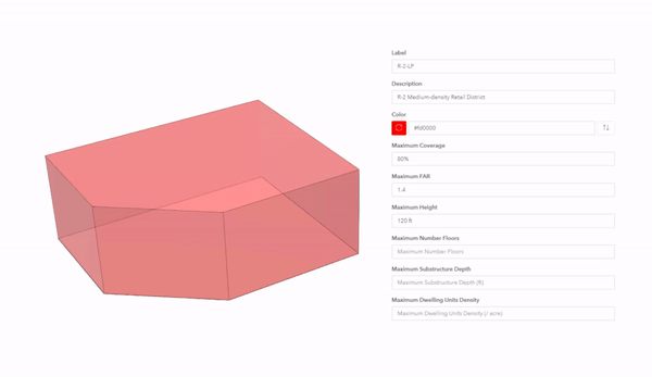 Um GIF com texto e uma forma 3D animada representando a massa de um edifício em 3D com ajustes baseados nas modificações do skyplane