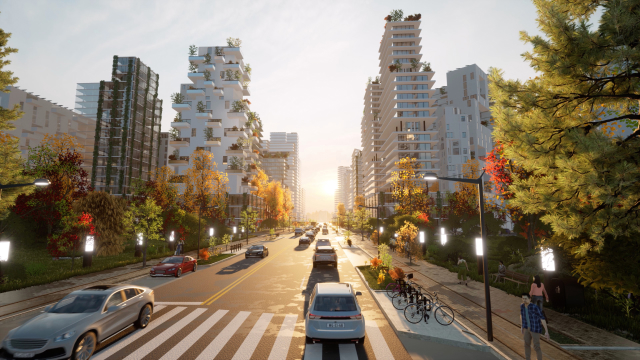 A virtual city streetscape with a road, cars, and buildings representing the designs for new street lighting and bike lanes