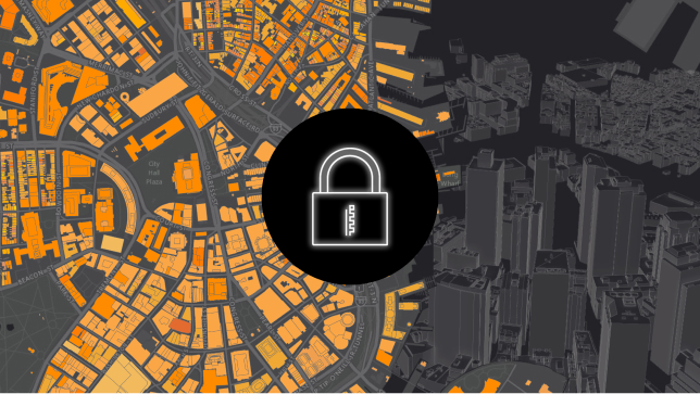 A map with clustered orange buildings and a lock symbol overlaid 