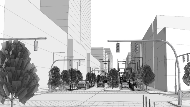 A 3D sketch of a city streetscape with light gray buildings, roads, and trees
